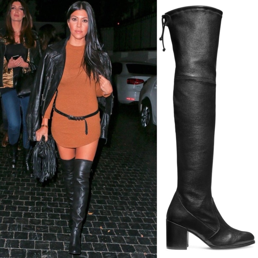 Stuart Weitzman Tieland Stretch Leather Black Over the Knee Heeled Boots